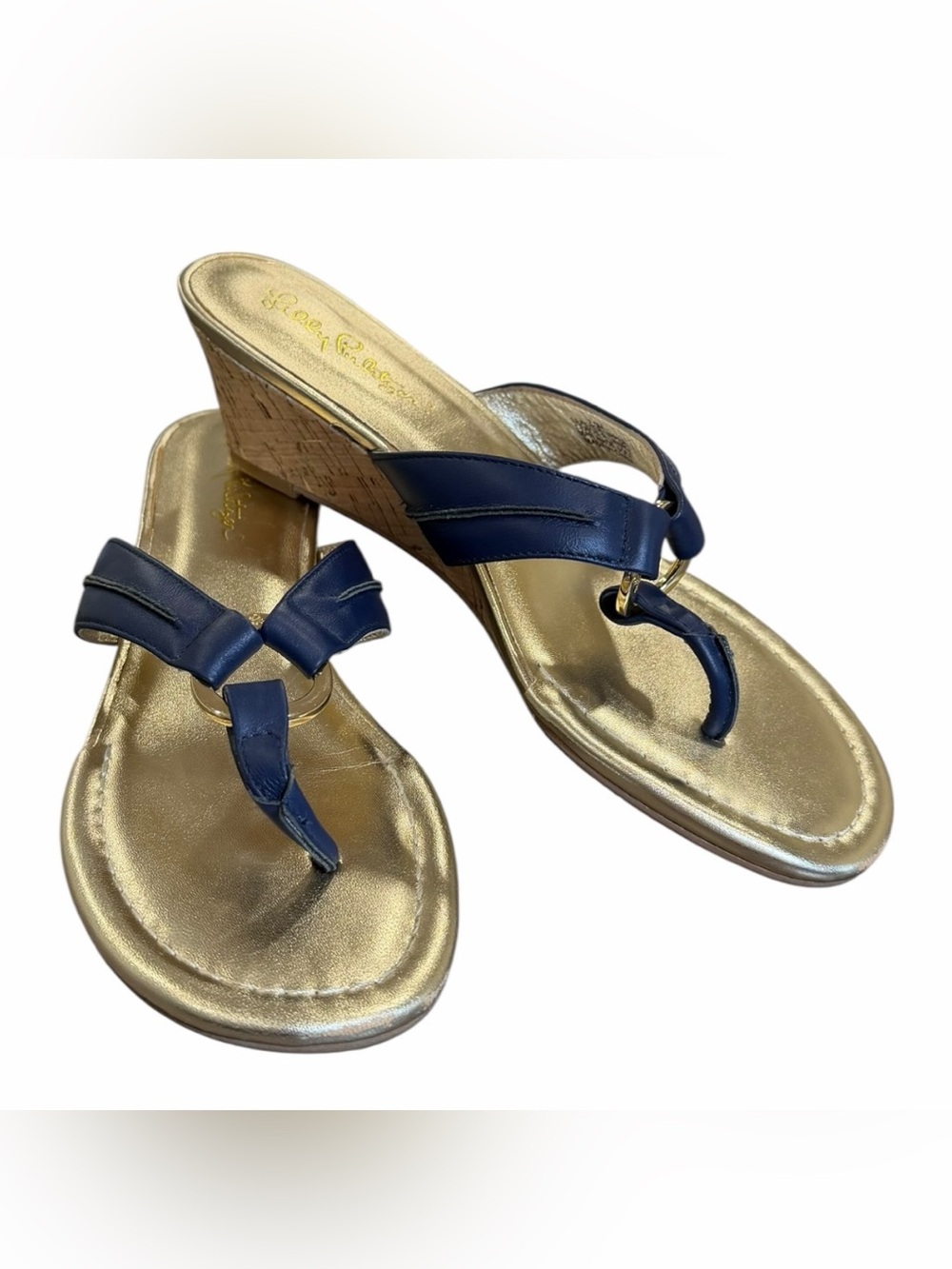 Lilly Pulitzer Navy Blue Cork Wedge Thong Sandals Gold Leather Women’s Size 7.5